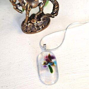 Colorful sculptured flower pendant OOAK fused glass floral jewelry + necklace